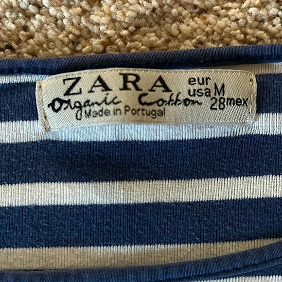 Zara Organic Cotton 3/4 Sleeve Navy Blue & White Striped Shirt Top **Size M** - Picture 3 of 3